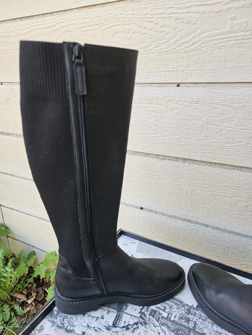 Andre Assous black leather and textile knee high Viva boots size 7.5